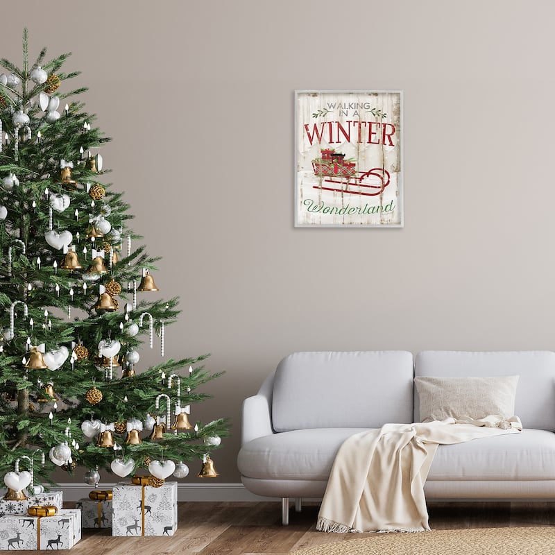 Stupell Winter Wonderland Red Sleigh Wood Texture Christmas Word Design Framed Wall Art, Proudly Made in USA