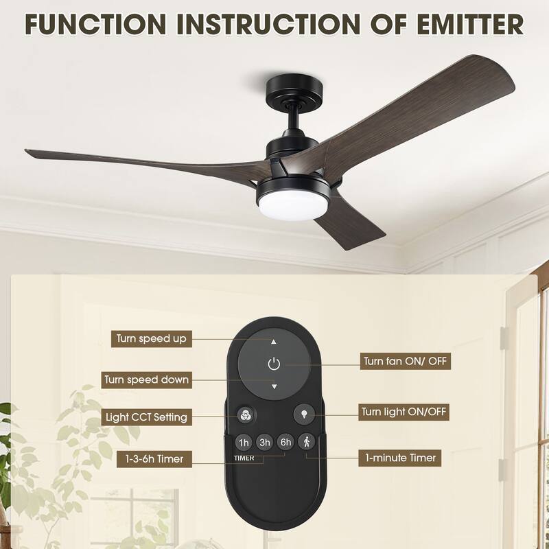 52" Modern Dark Walnut Dimmable LED Propeller Ceiling Fan with Light and Remote