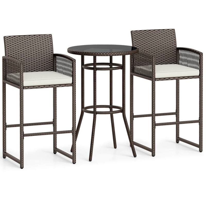 Costway 3 Piece Wicker Patio Bar Set with 2 Seat Cushions Glass - See Details
