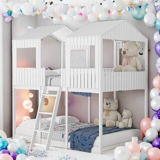 Full Over Full Bunk Bed With Roof,Window,Guardrail And Ladder for Home