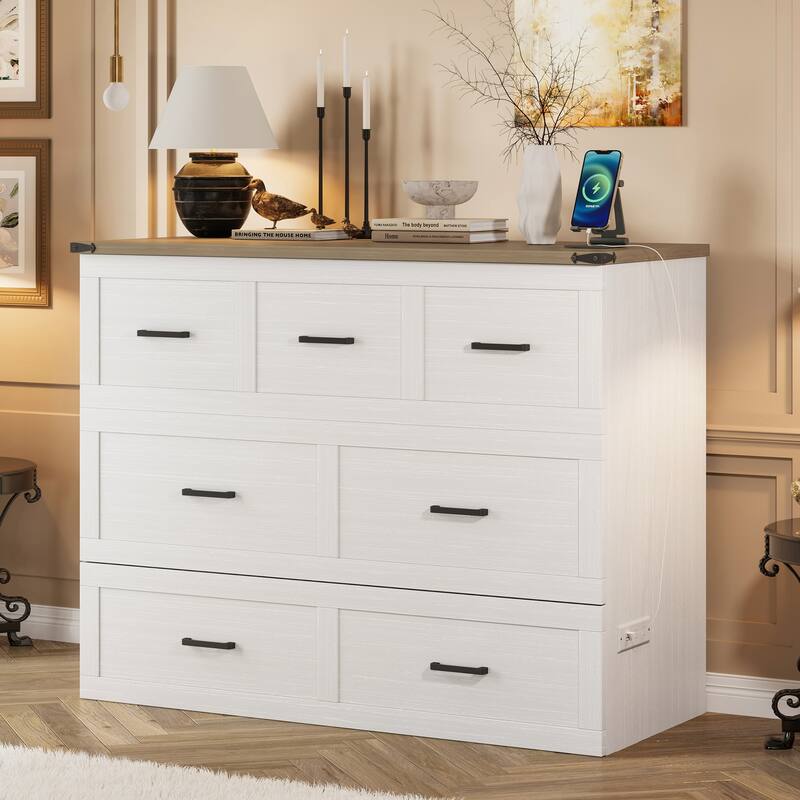 Murphy Bed Cabinet with Charging Station for Guest Room and Small Bedroom - White - Full