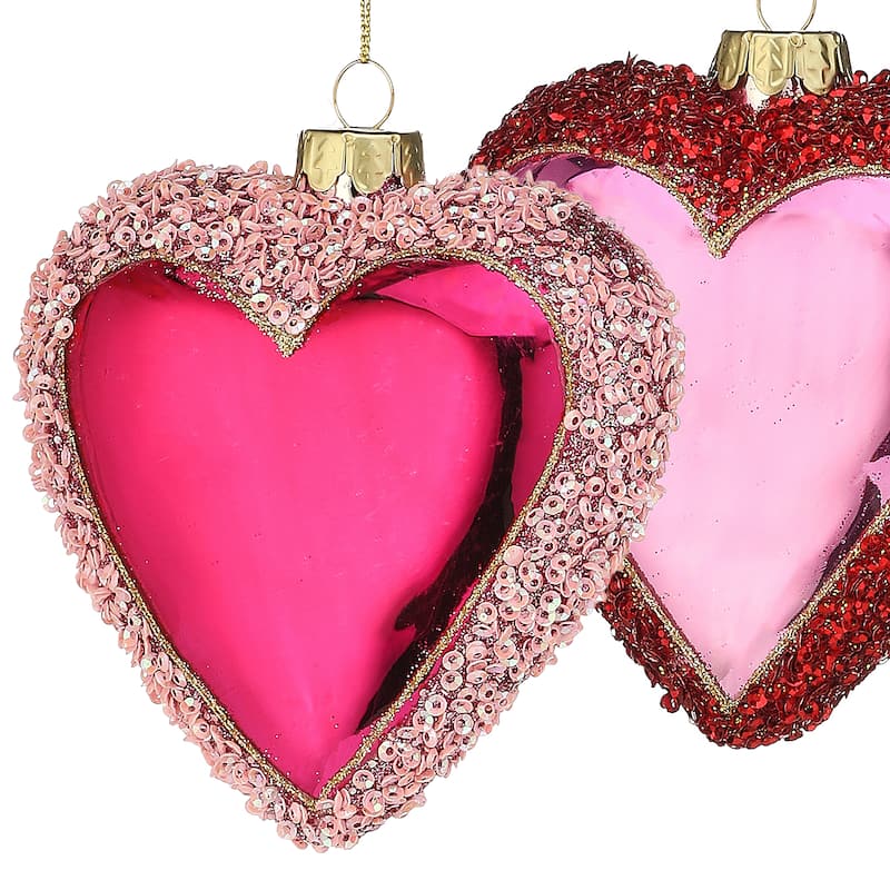 4" Glitter Glass Sequin Heart Ornament Box of 4
