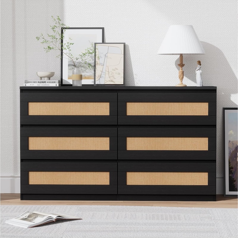 Rattan Dresser for Bedroom, 6 Drawer Double Dresser, Modern Wood Chest of Drawers