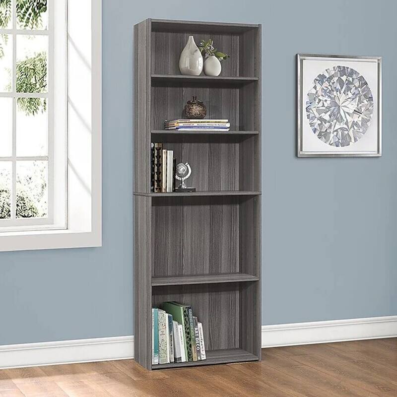 Wood Adjustable 5-Tier Bookcase with Veneer Finish for Office Storage - 11.75” D x 24.75” W x 71.25” H