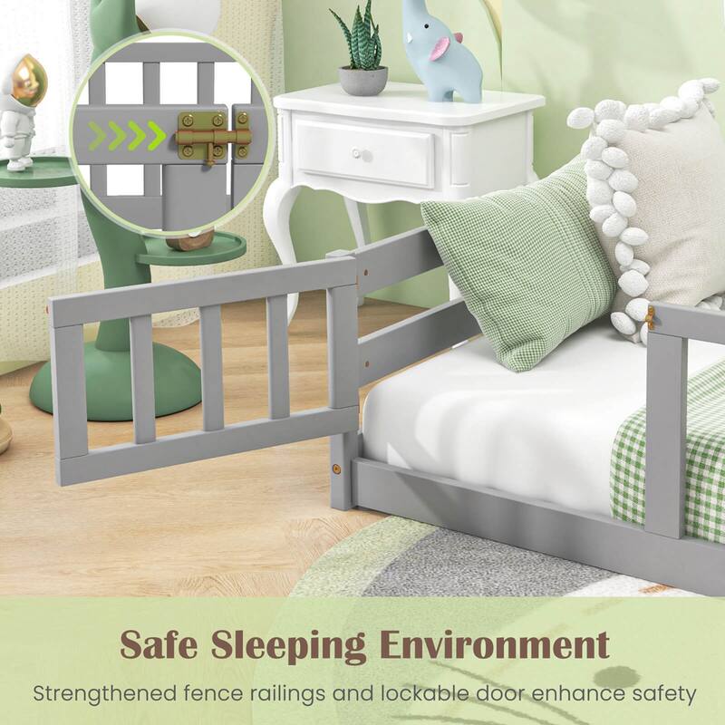 Costway Twin Size Floor Bed with Door & Fence with Safety Guardrails &