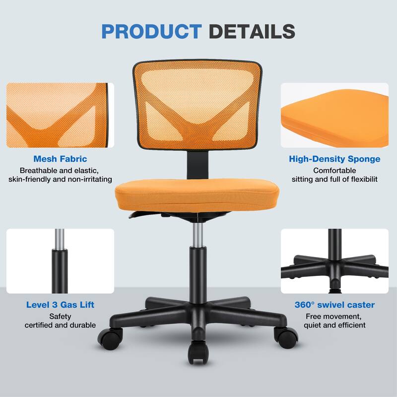Compact Low Back Swivel Task Chair with Adjustable Height & Wheels - Orange