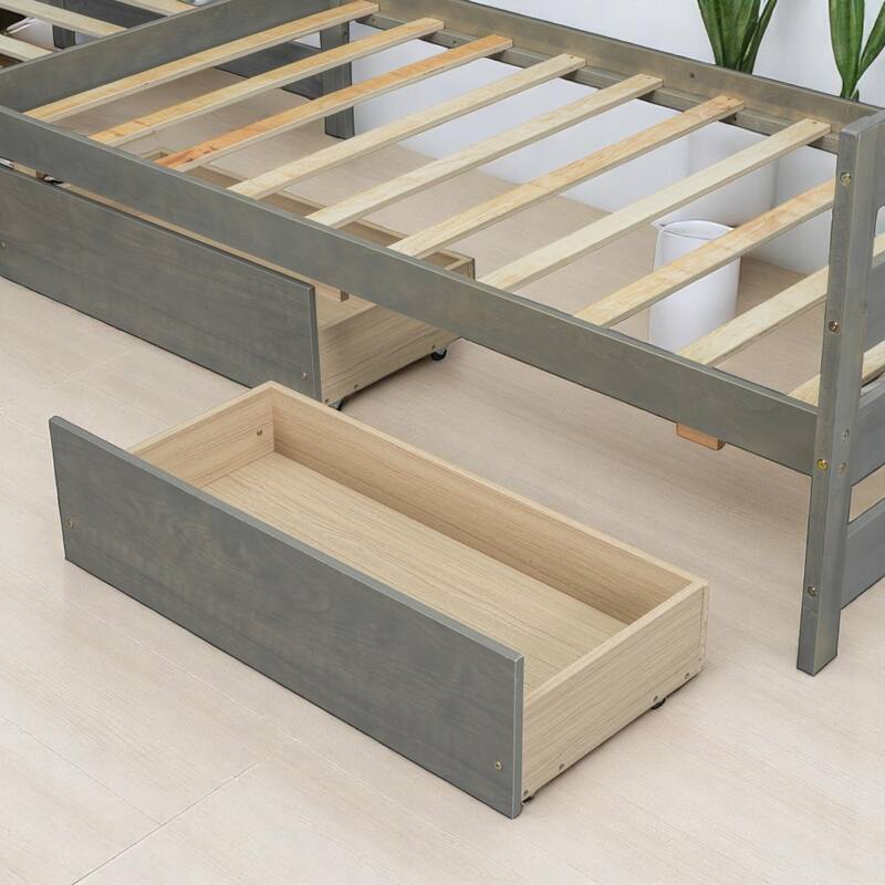 Twin L-Shaped Wooden Platform Bed with Storage Drawers - No Box Spring Needed, Space-Saving Layout