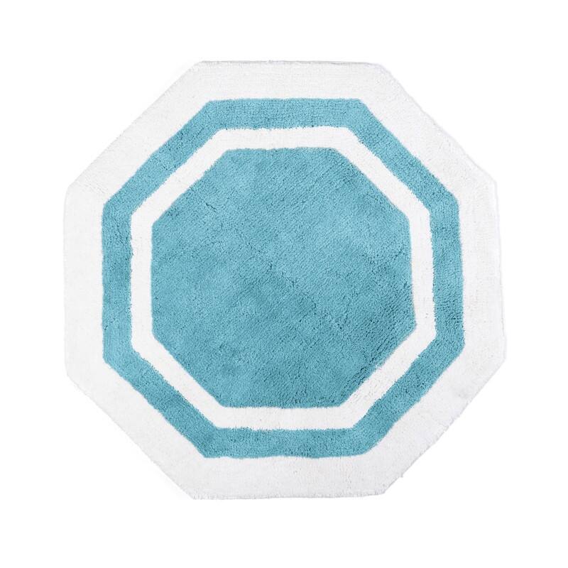 Sherry Kline 32" Hexagon Round Bathmat Framed in Two Tone Colorway - White/Sky Blue Center
