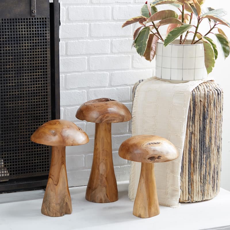 Teak Wood Mushroom Handmade Live Edge Sculpture with Natural Smooth Finish - Set of 3 Brown - Roche River Decor