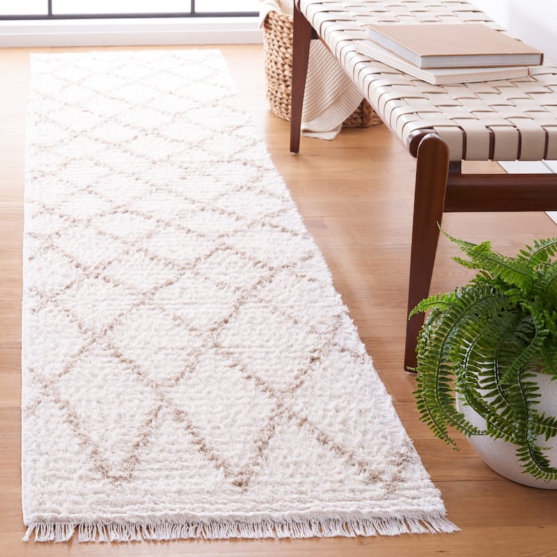 SAFAVIEH Augustine Kusum Boho Trellis Fringe Rug - 2' x 9' Runner - Ivory/Beige