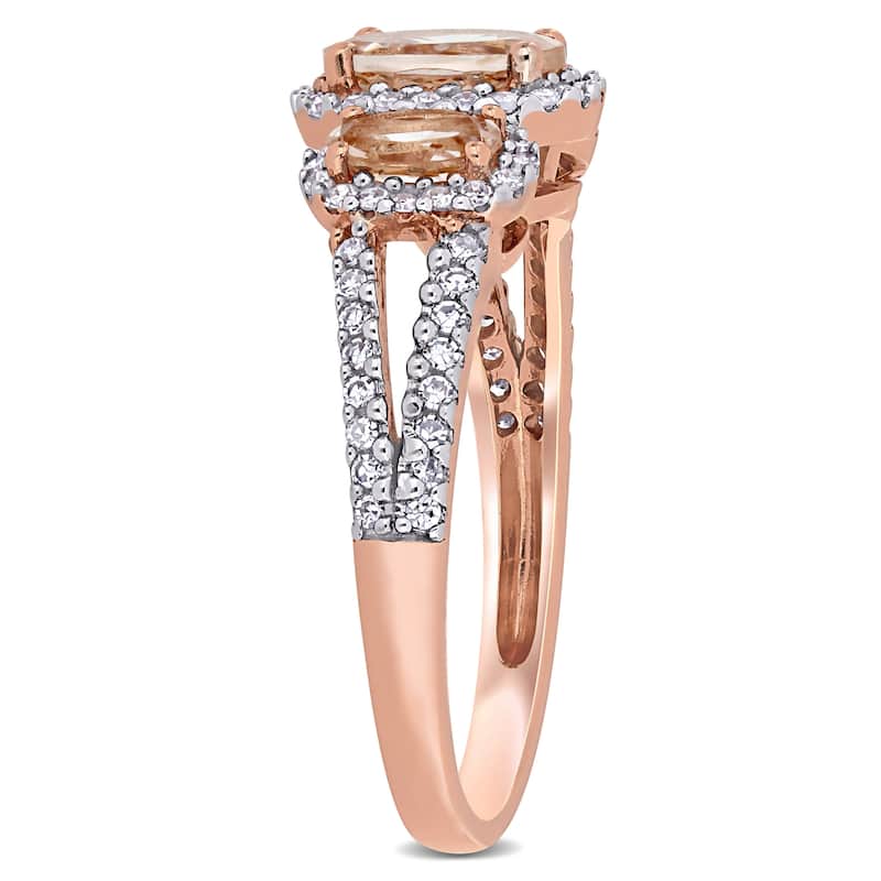 Miadora 14k Rose Gold Oval-cut Morganite and 1/3ct TDW Diamond 3-Stone Halo Engagement Ring