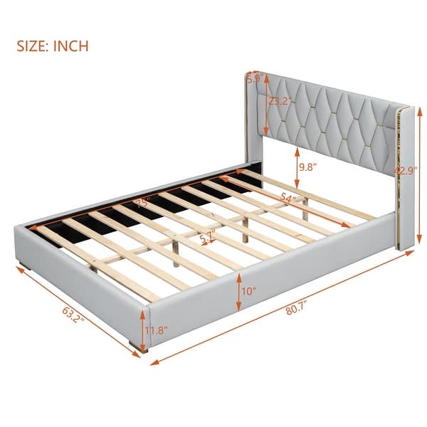 dimension image slide 2 of 4, Upholstered Full Size Platform Bed with PU Leather and Wooden Slats
