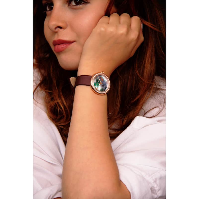 Burgi Ladies Koi Pond Crystal Brown Leather Strap Watch