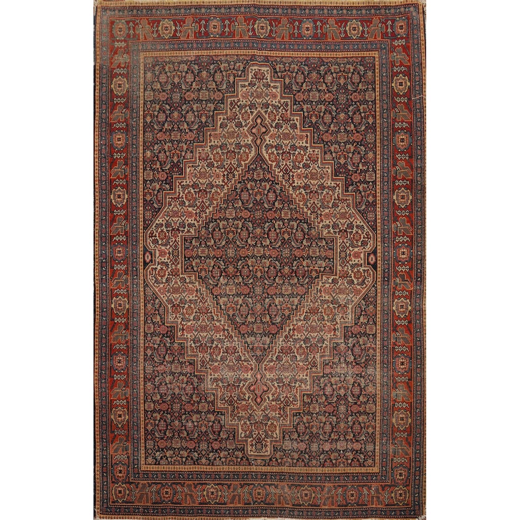 Hand Knotted Oriental 100% Wool Carpet Traditional Medallion Navy Blue & Blues Senneh Area Rug - 6' 4'' X 4' 4''