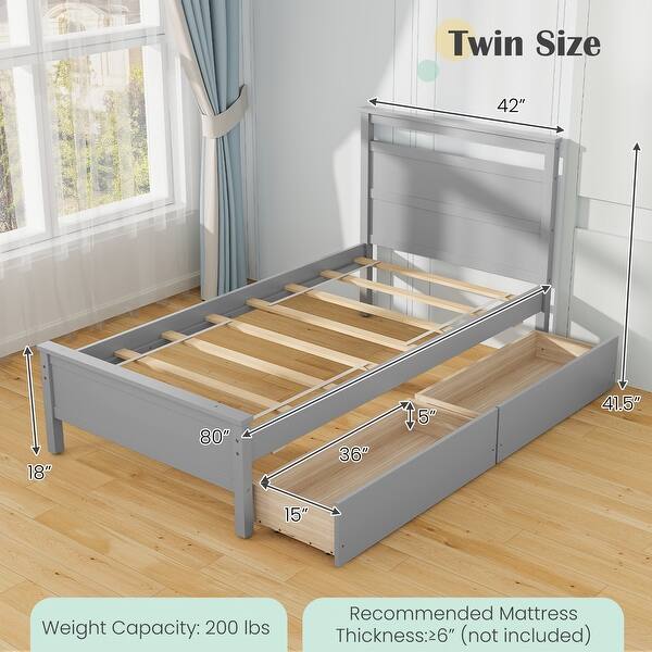 dimension image slide 1 of 2, Twin Size Wooden Bed Frame with 2 Drawers for Teens and Adults