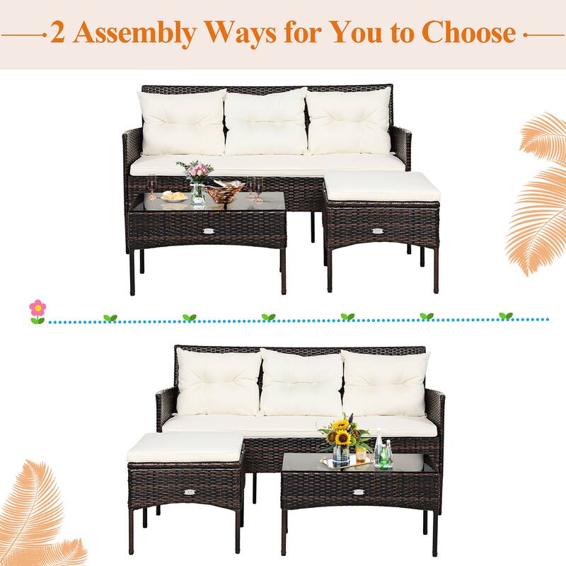 Costway 3PCS Patio Rattan Furniture Set 3-Seat Sofa Cushioned Table - See details