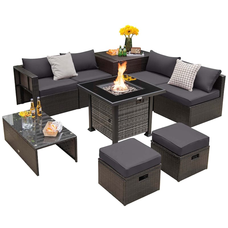 9 PCS Patio Furniture Set with 50,000 BTU Propane Fire Pit Table - Grey