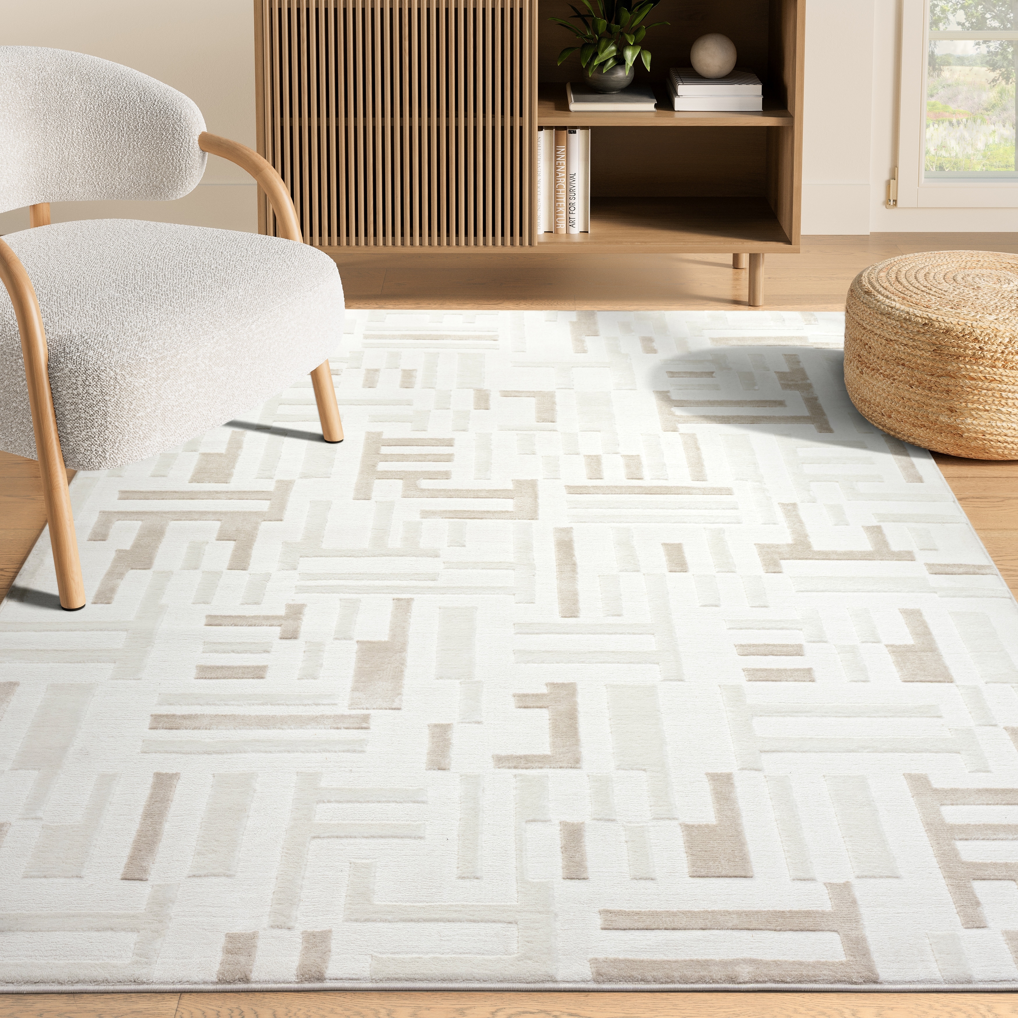 Abani Neutral NTL210A Geometric Maze Cream Beige Area Rug