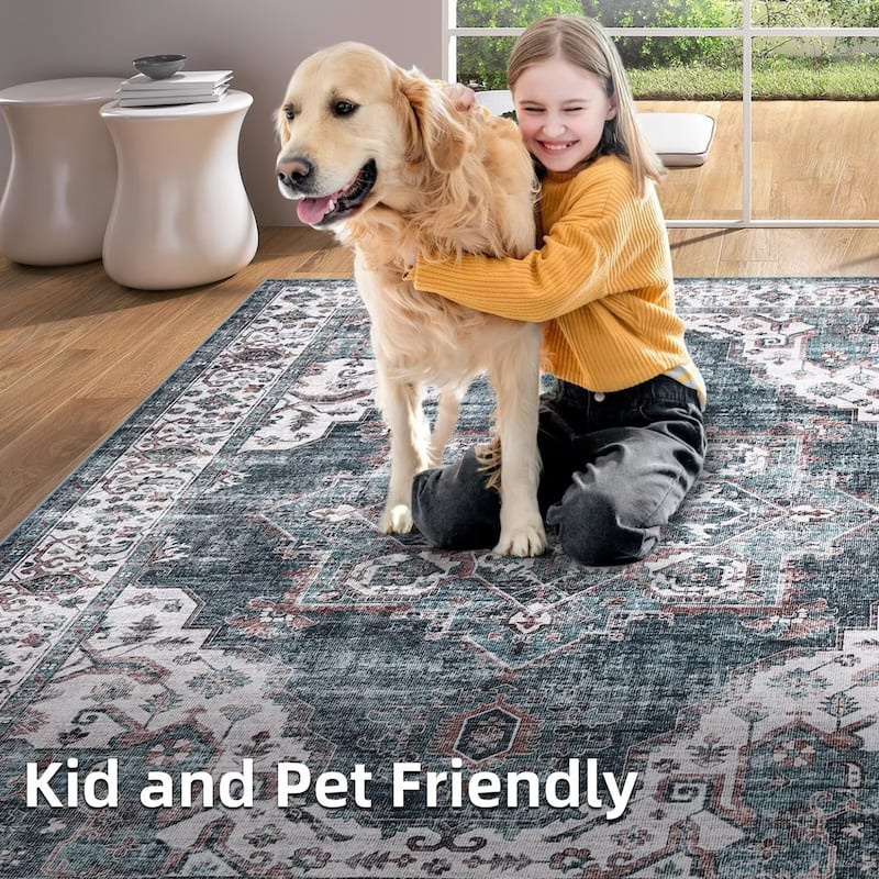 Vintage Rugs for Living Room, Medallion Print Soft Non Slip Low Pile Floor Carpet