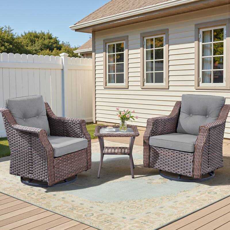 Pocassy Outdoor Swivel Chair Glider Chair with Side Table - Brown Wicker Blue Cushion - 3-Piece Swivel Chair with Side Table