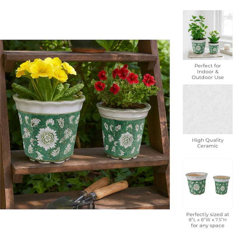 Ceramic Planters Embossed Bird Floral Detailing Scalloped (Set of 2)