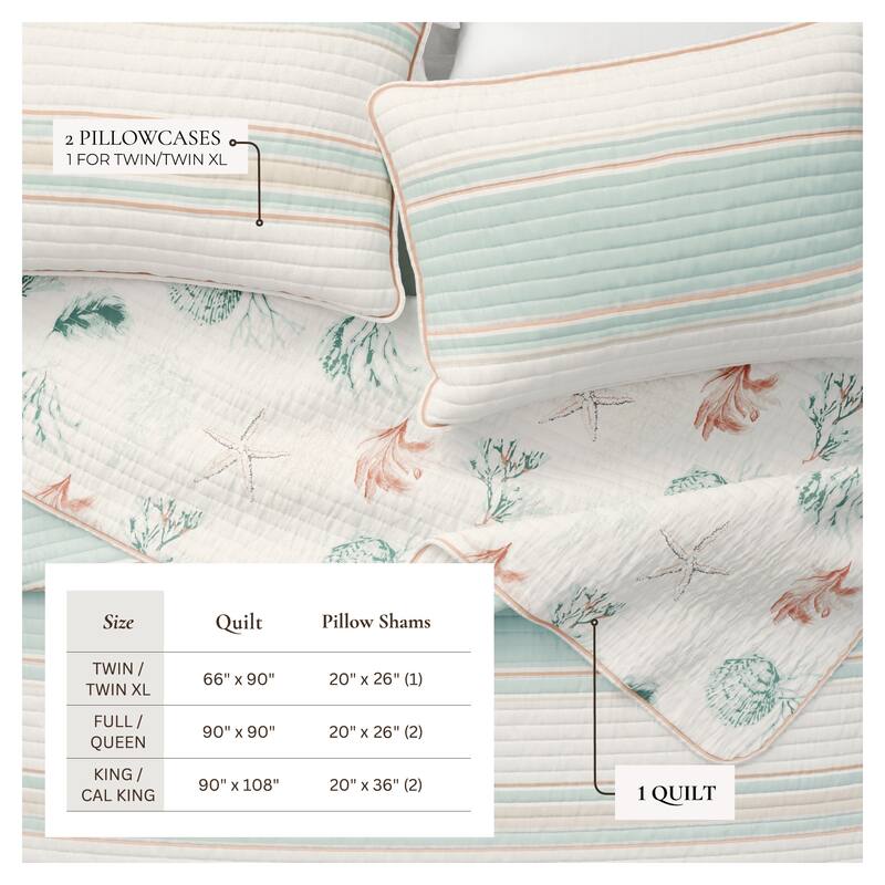 Linery & Co. Cotton Stitched Reversible Coastal 3 Piece Quilt and Sham Set