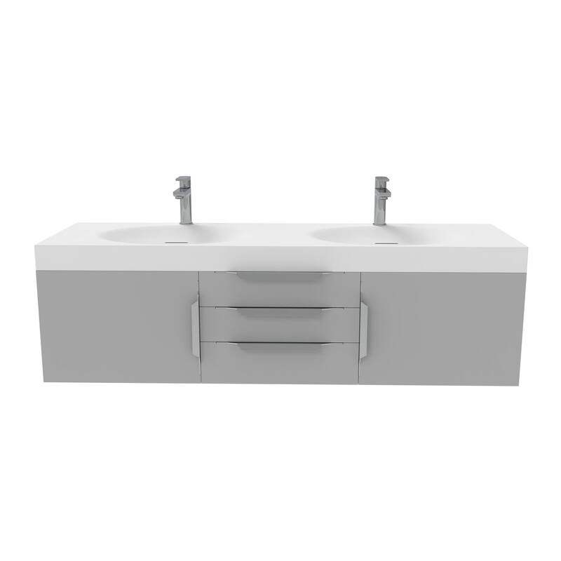Thames 60" Shallow Basin Wall Mounted Bathroom Vanity Set w/ White Top - Grey - Brushed Nickel Finish