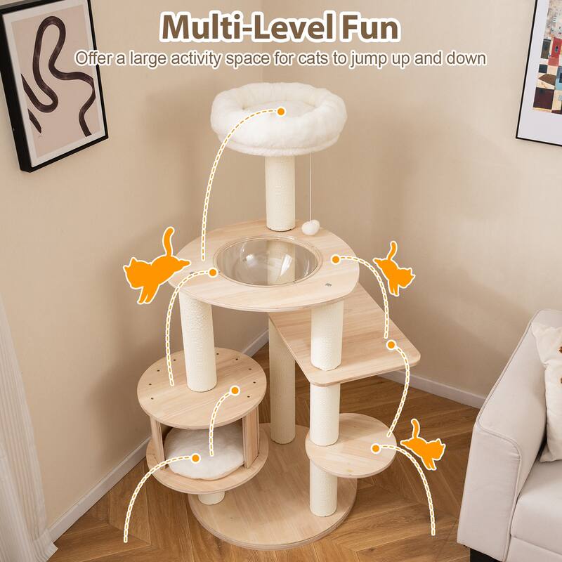 Gymax 52'' Tall Wooden Cat Tree w/Condo Perch Space Capsule Scratching