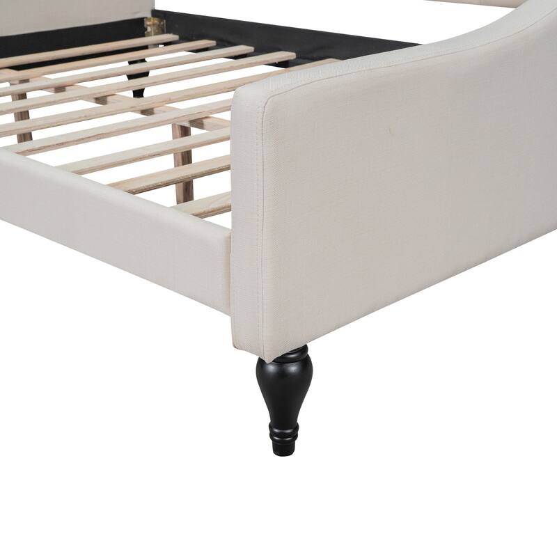 Full Size Upholstered Tufted Daybed in Beige with Linen Fabric