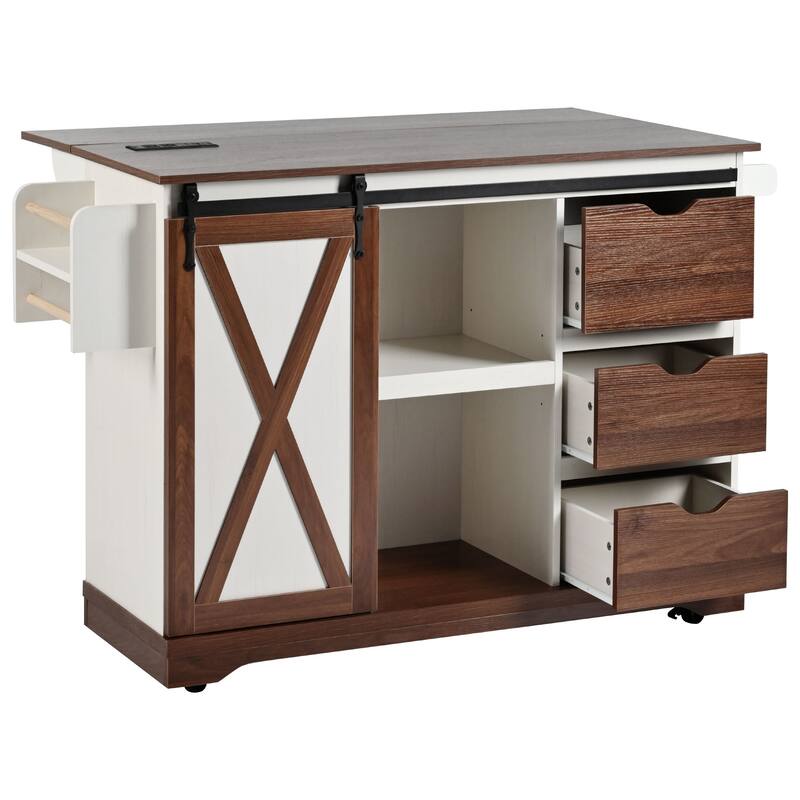 Farmhouse Kitchen Island with Drop Leaf, Sliding Barn Door, Power Outlet, Rolling Storage Cart with Spice Rack, Lockable Wheels