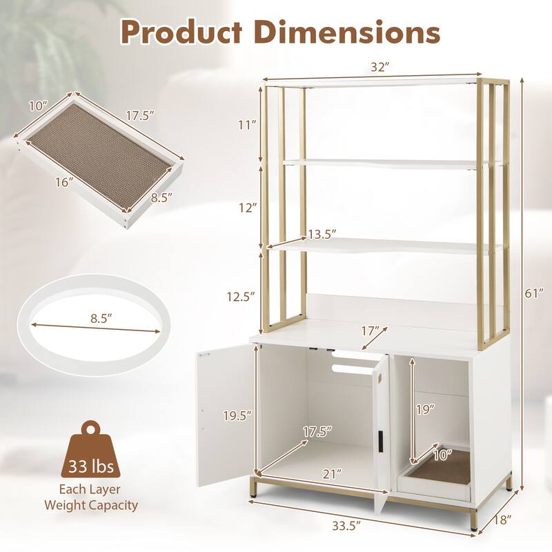 Cat Litter Box Cabinet with Storage Space & 3-Tier Shelves, Modern Design - 33.5" x 18" x 61"