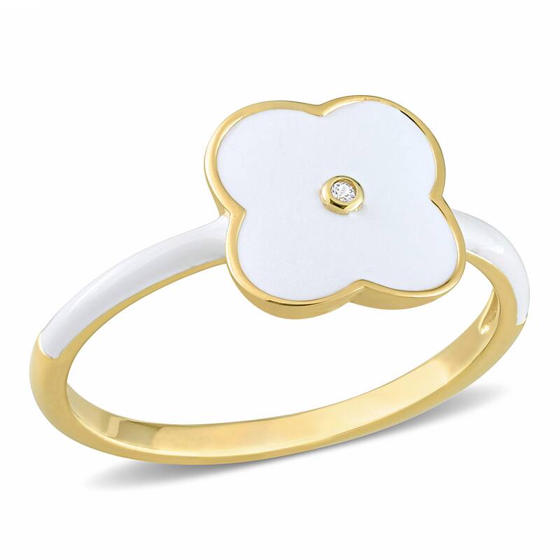 Miadora Created White Sapphire Floral Enamel Ring in Yellow Plated Sterling Silver