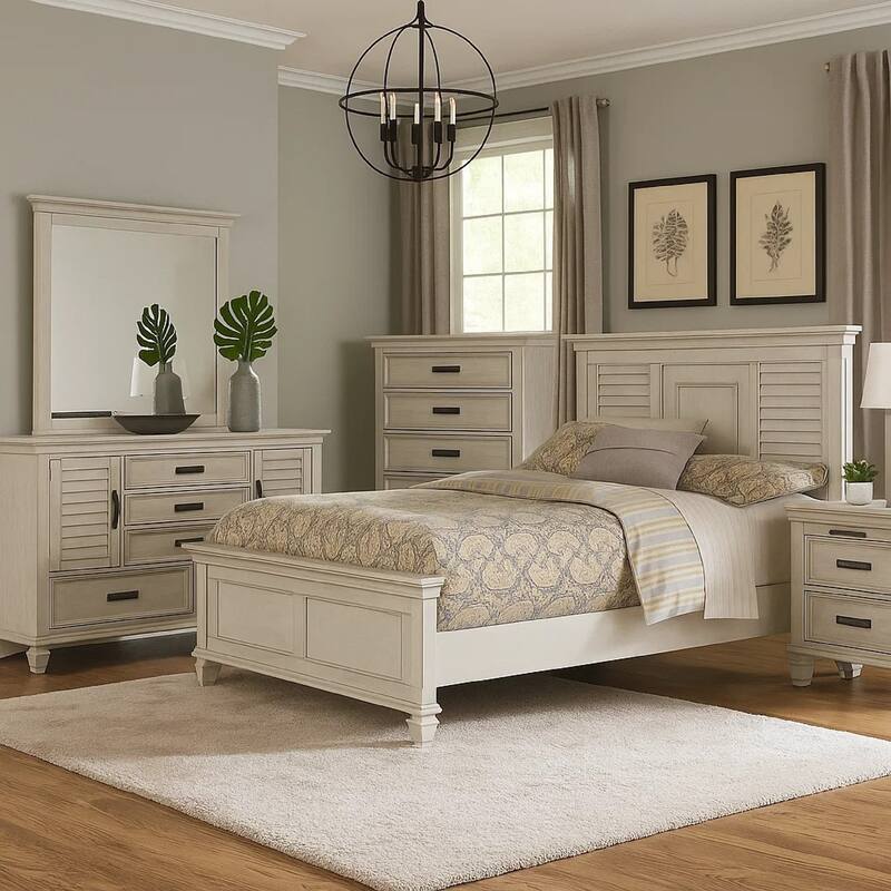 Eli 5 Piece Queen Bedroom Set, Rustic White Wood, Dresser Chest