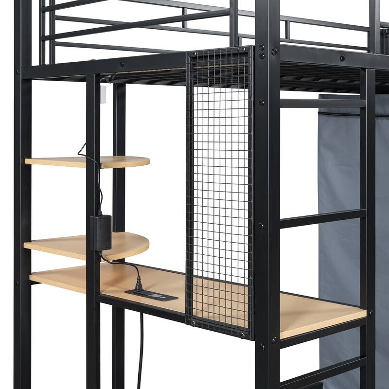 Full Size Metal Loft Bed with Workstation Desk, Built-In Shelves, LED Light Strip, Power Outlet & Hanging Wardrobe Storage