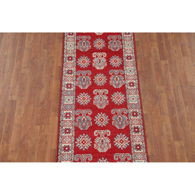 Red Geometric Kazak Oriental Runner Rug Handmade Wool Carpet - 2'8" x 9'4"