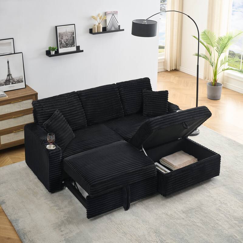 80-inch Foldable Hidden Black Corduroy Sofa with Cup Holders, Footrest and Storage Function