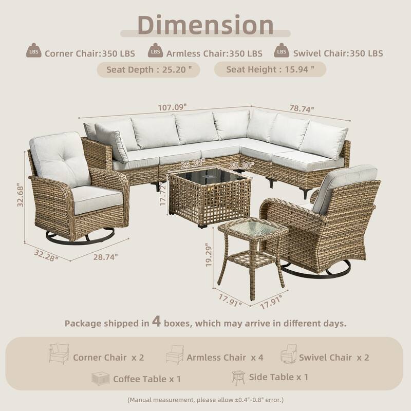 OVIOS 10 Pieces Outdoor Wicker Swivel Chair Set With Solar-Powered Coffee Table