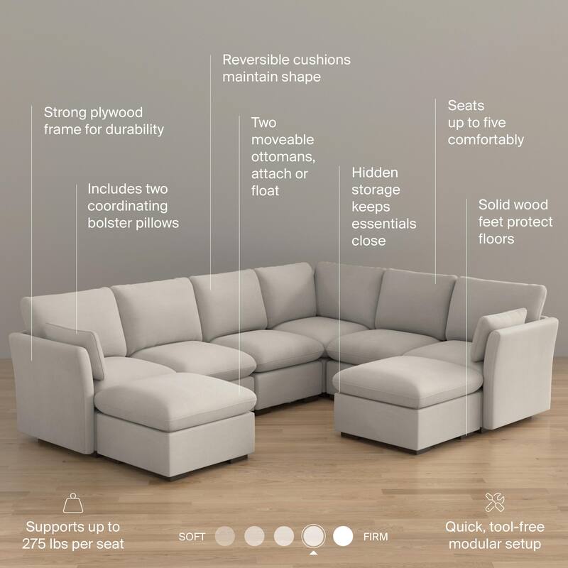 Bush Home Sienna Modular 5-Seater Sectional with Set of 2 Storage Ottomans