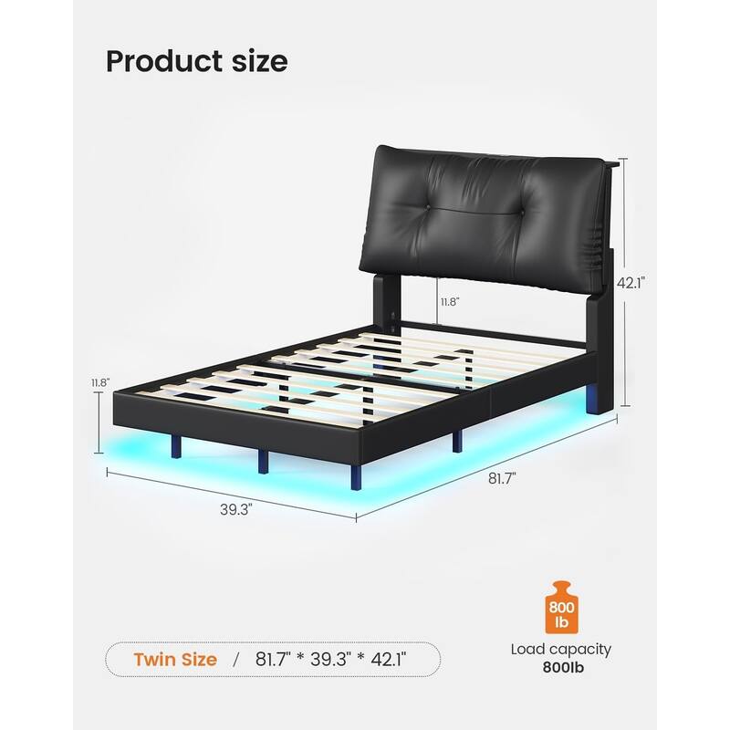Floating Bed Frame Removable Thick Soft Headboard Charging Station Led Lights