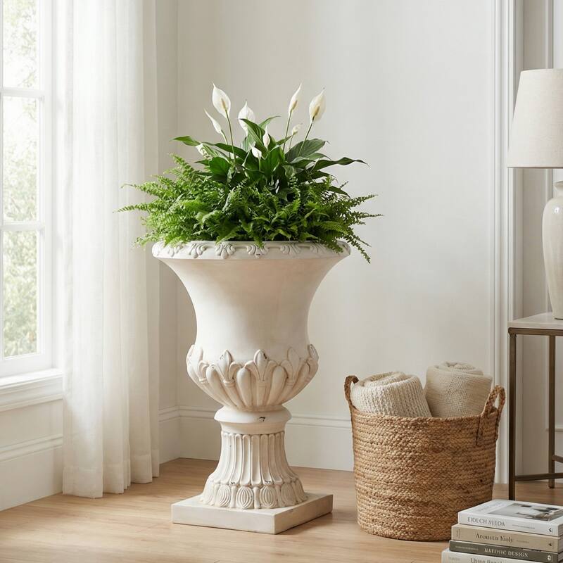Christopher Knight Home - Classical 24.8"H Outdoor Pedestal Urn Planter with Fleur-de-Lis Design - Antique White