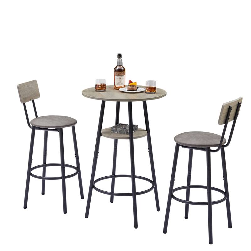 Minimalist Style 3-Piece Dining Table Set with 2 Bar Stools Round Table with Shelves,Grey