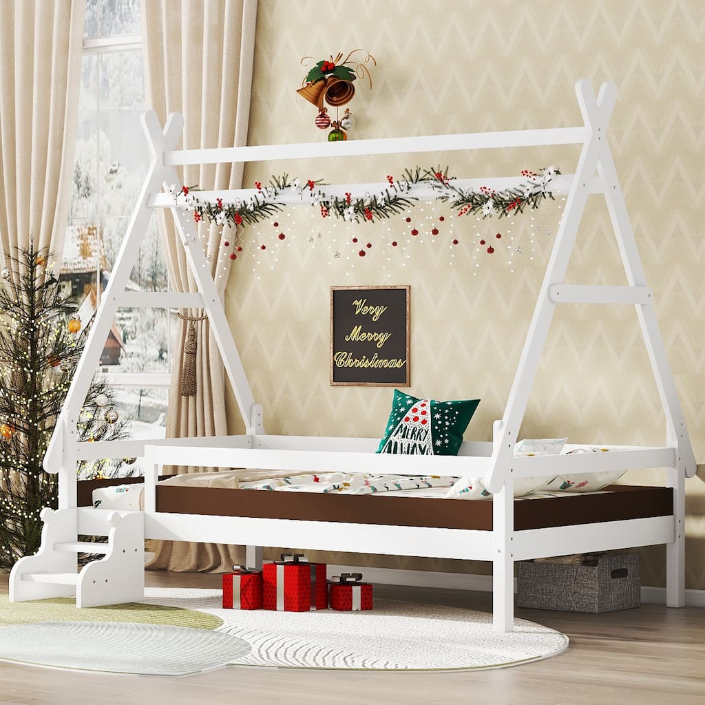 Twin House Platform Bed with Stairs, Solid Wood Twin Bed Frame, Low Profile and Childlike Fun Design, White