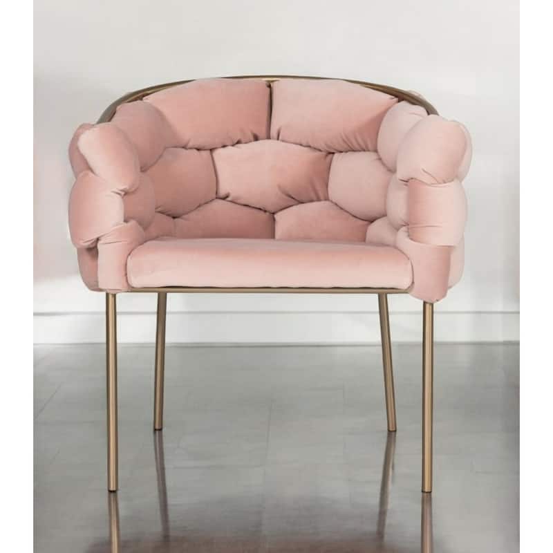Modern Velvet Upholstered Arm Dining Chair with Brass Metal Legs and Solid Back for Living Room or Office - 32”H x 26”W x 23”D