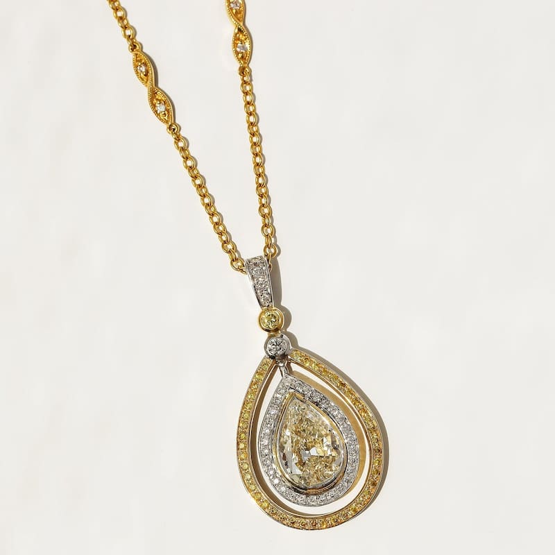 Kobelli 2.45 Carat Natural Fancy Yellow Diamond GIA Certified 18k Solid Two-Tone Gold Orbit Halo Pear Circuit Necklace - White