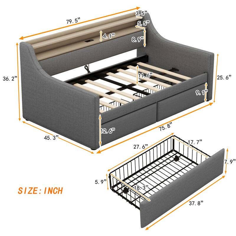 Twin Size Daybed with Storage Drawers, Charging Station and LED Lights