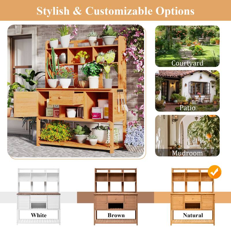 Outdoor Wood Potting Bench with Cabinets and Hutch, Garden Workstation Table with Adjustable Shelves and Hooks