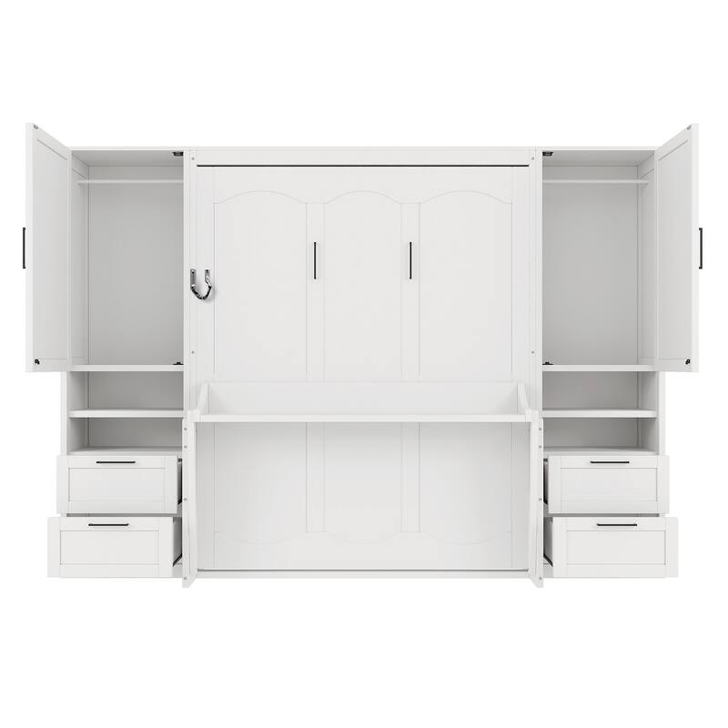 Queen Size Wall Bed with Closet, Drawers, and Shelves in White