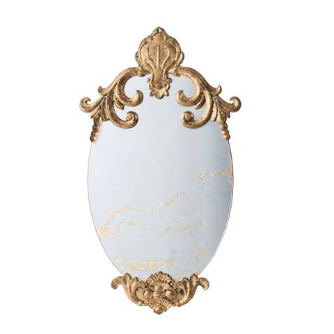 Vic 26 Inch Oval Wall Mirror, Ornate Scrolled Wood Frame, Gold Finish