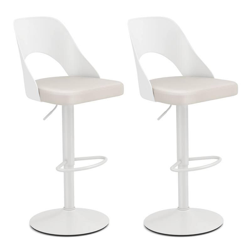Modern Adjustable Swivel Bar Stools with PU Leather Seat and Metal Base 25 to 33 Inch Counter Height Chairs for Kitchen Island - White