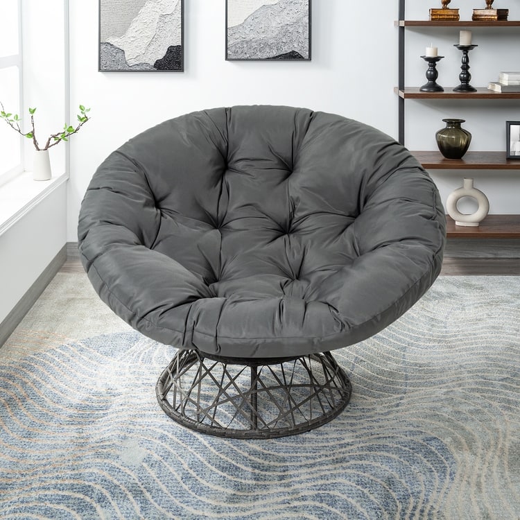 Wicker Papasan Chair with Oversized Cushion & Swivel Base – Indoor Round Lounge Chair for Bedroom, Living Room, or Covered Patio - Dark Gray